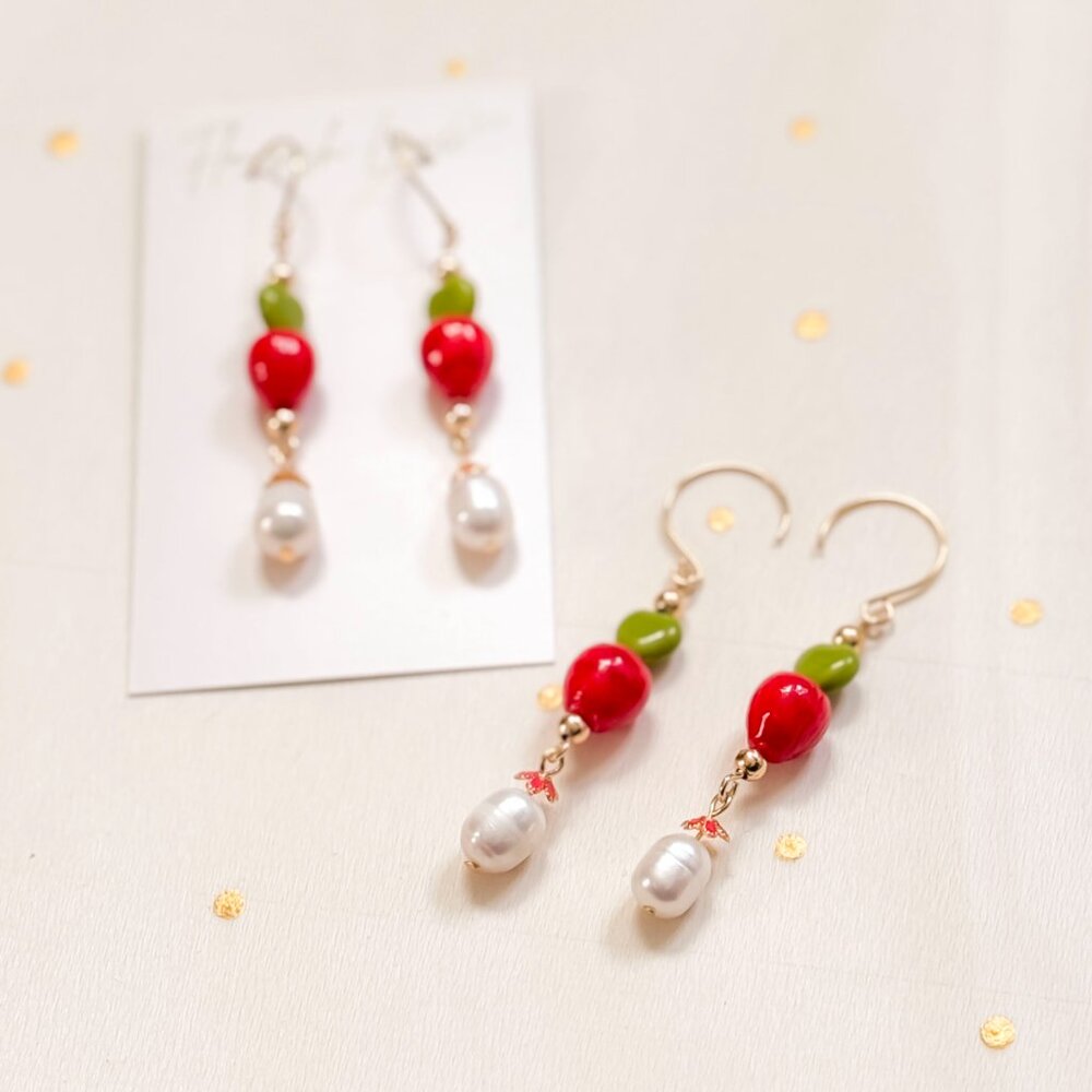 Apple Red Heart Beaded Drop Earrings Pearl Gold | Cute Artisan Statement - Picture 11 of 11